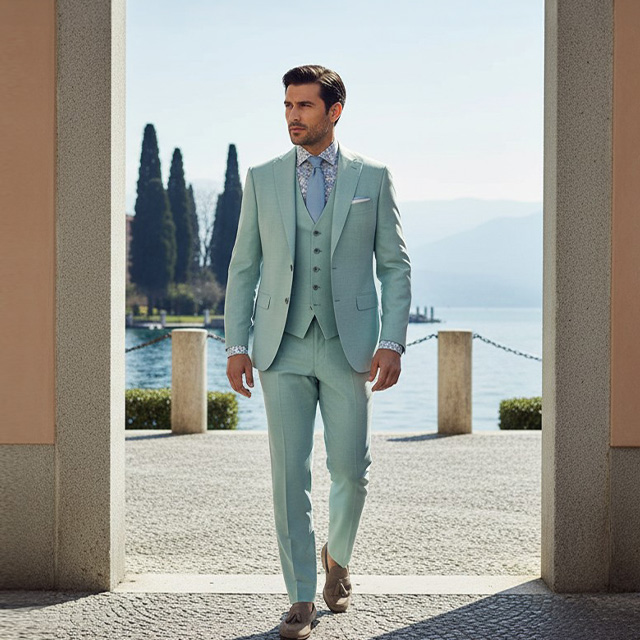 Mann im mintgrünen Anzug mit Weste und Krawatte im Freien