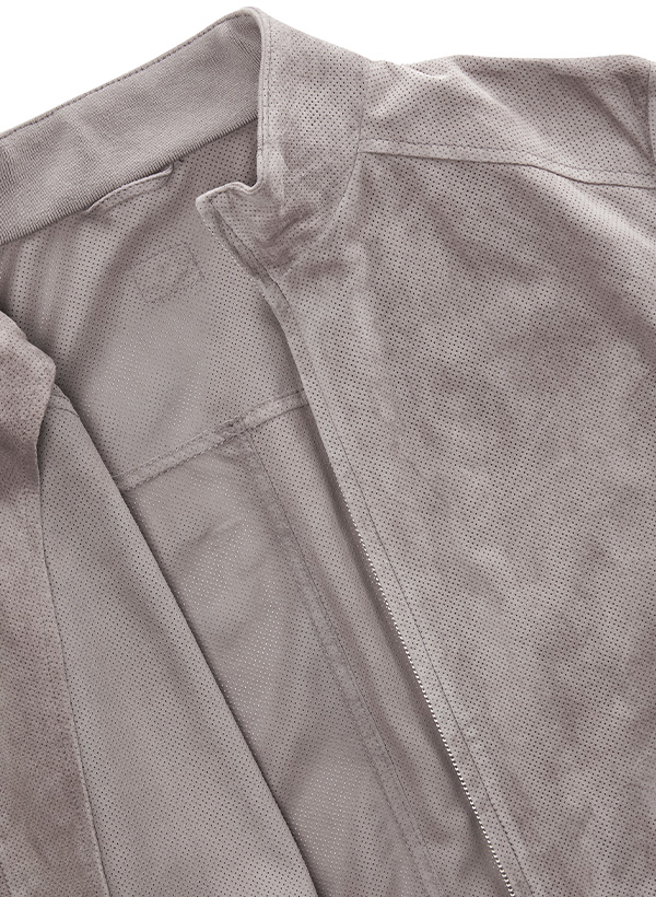 Graue perforierte Lederjacke, offen präsentiert, Nahaufnahme des Innenfutters