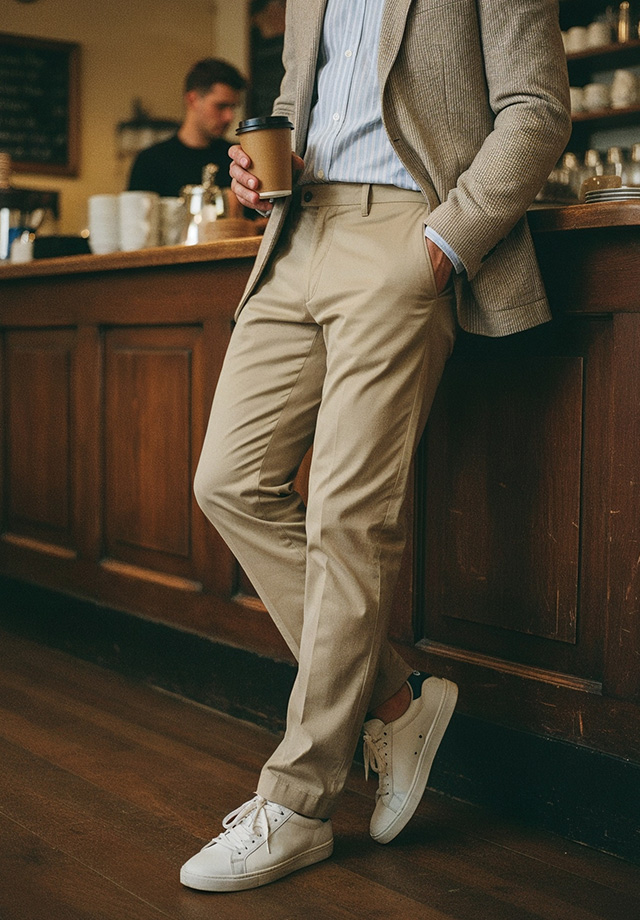 Hellbeige Chinohose aus Baumwolle, kombiniert mit gestreiftem Hemd und Blazer in Café