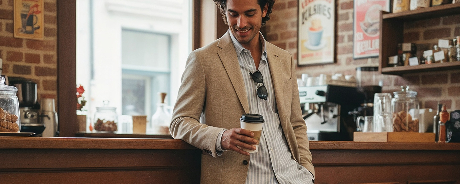 Hellbeiger Blazer über gestreiftem Hemd, legerer Kaffeegenuss im Café