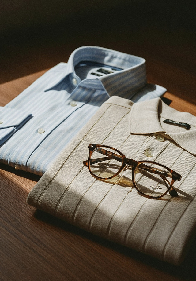 Gestreiftes hellblaues Business-Hemd und beigefarbenes Strickpullover mit Brille auf Holztisch