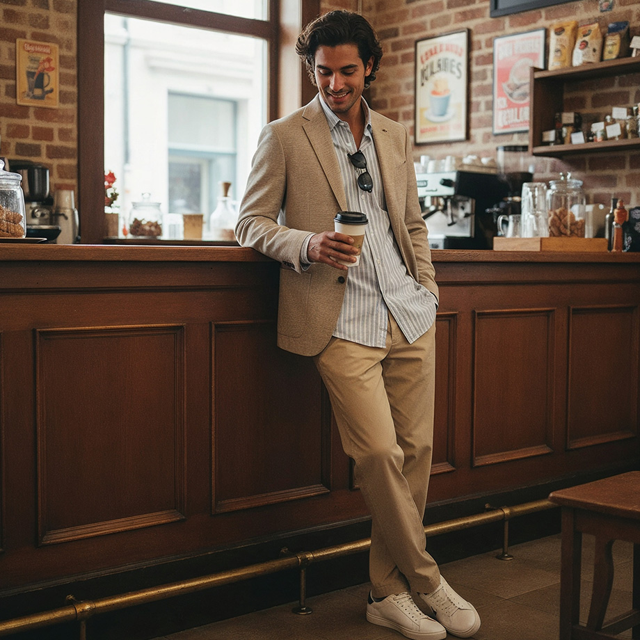 Mann in beigem Sakko, gestreiftem Hemd und Chinos, lässig im Café stehend