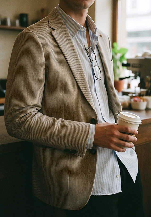 Hellbrauner Cord-Sakko über gestreiftem Hemd, leger getragen in Café