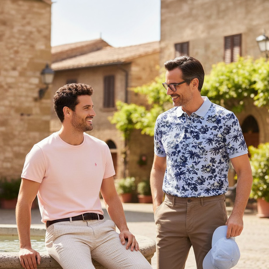 Männer in sommerlichen Poloshirts, einer in rosa T-Shirt und der andere in blau-weiß floralem Poloshirt im Freien