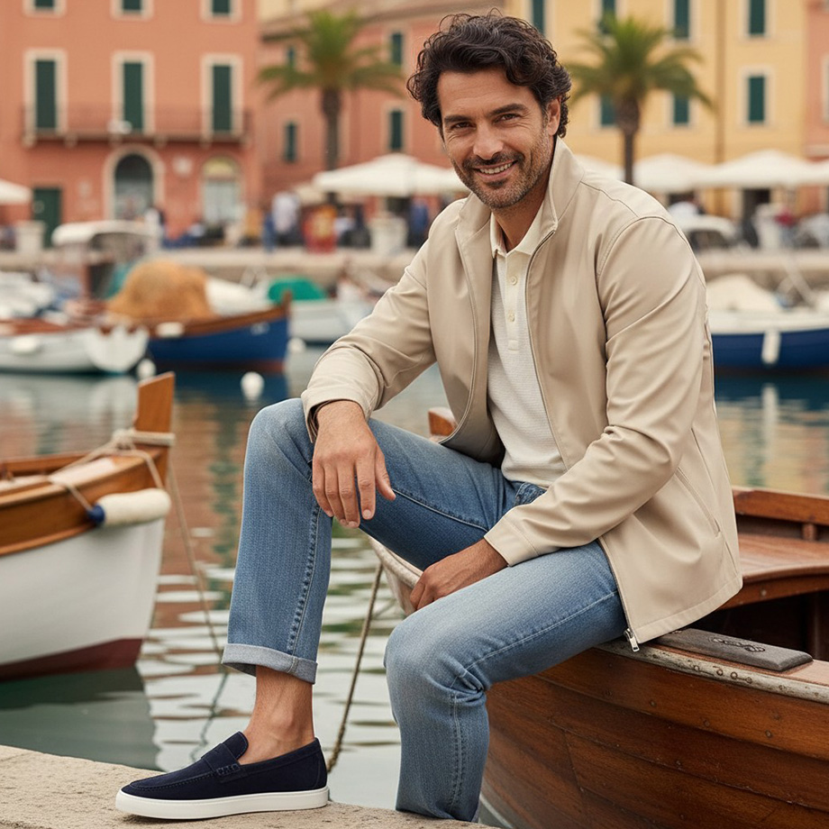 Mann in beiger Jacke mit Poloshirt und Jeans am Hafen, legere Kleidung