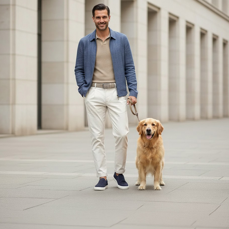 Mann in beiger Chinohose und blauer Jacke spaziert mit Hund