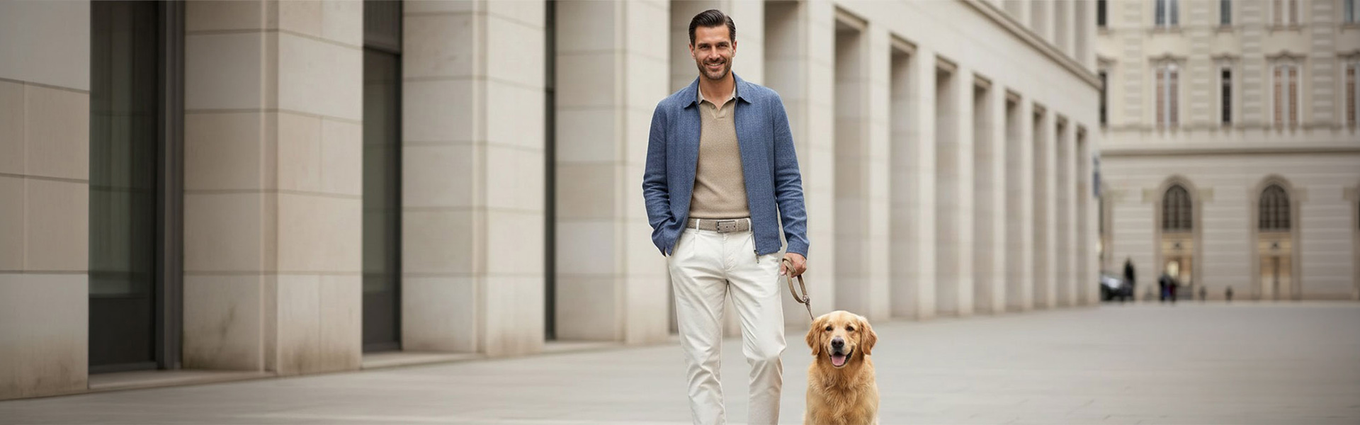 Mann in beiger Chinohose und blauer Jacke spaziert mit Hund
