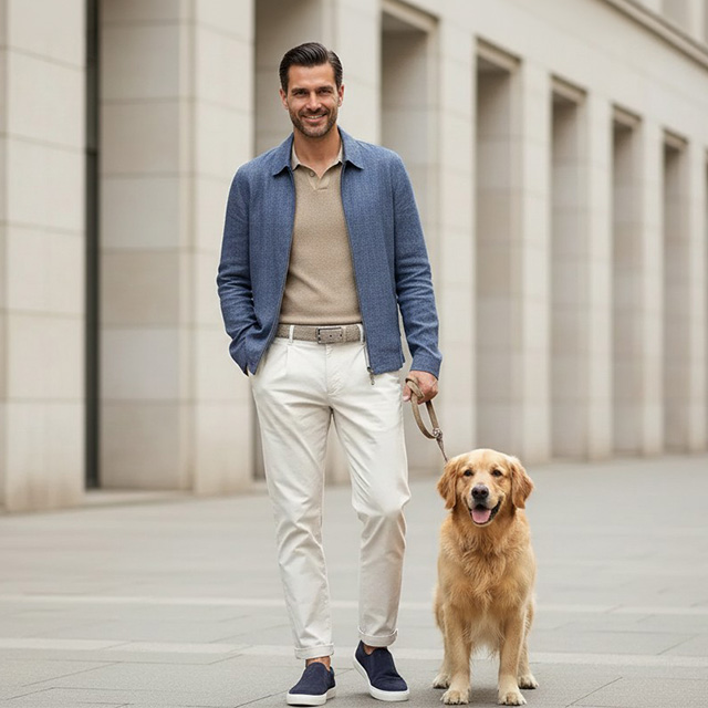 Mann in beiger Chinohose und blauem Strickcardigan mit Hund spazierend