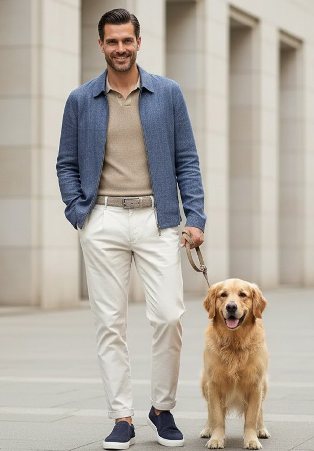 Mann in blauem Blazer mit beigem Polohemd und weißen Chinos, lässig spazierend mit Hund