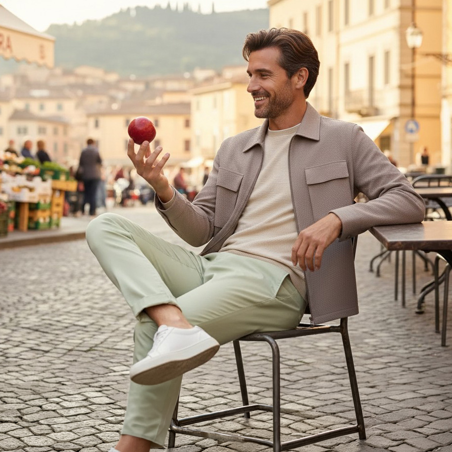 Mann in beigefarbener Jacke und pastellgrüner Hose in Straßencafé sitzend