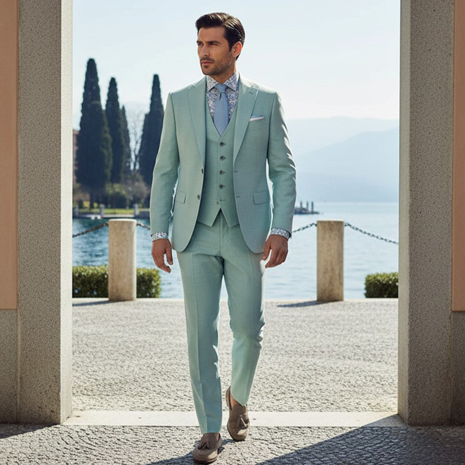 Mann in mintgrünem Anzug mit Weste und Krawatte im Freien