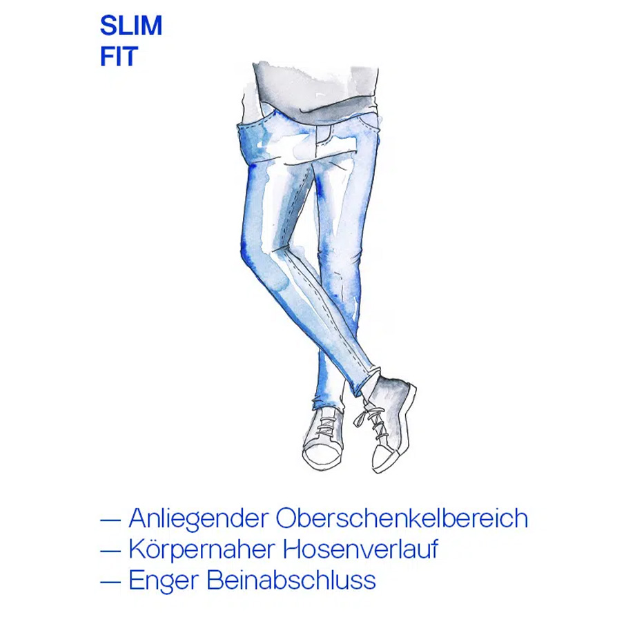 Illustration einer blauen Slim-Fit-Jeans, körpernaher Schnitt, eng anliegend und mit Sneakers präsentiert.