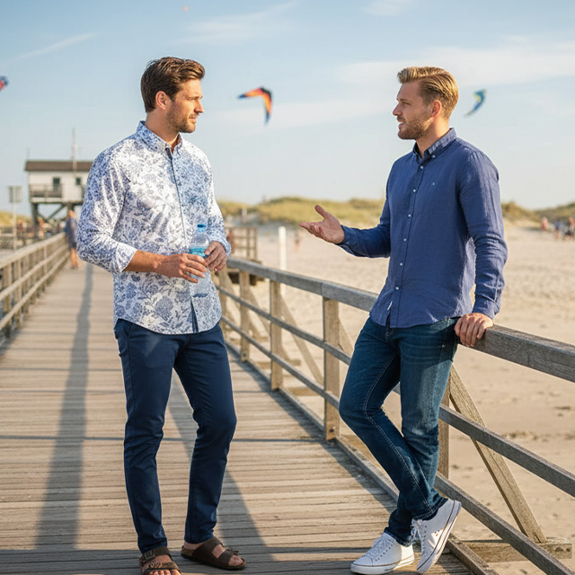 Männer in lässigen Hemden am Strand, blaues Musterhemd und einfarbiges Leinenhemd, entspanntes Gespräch