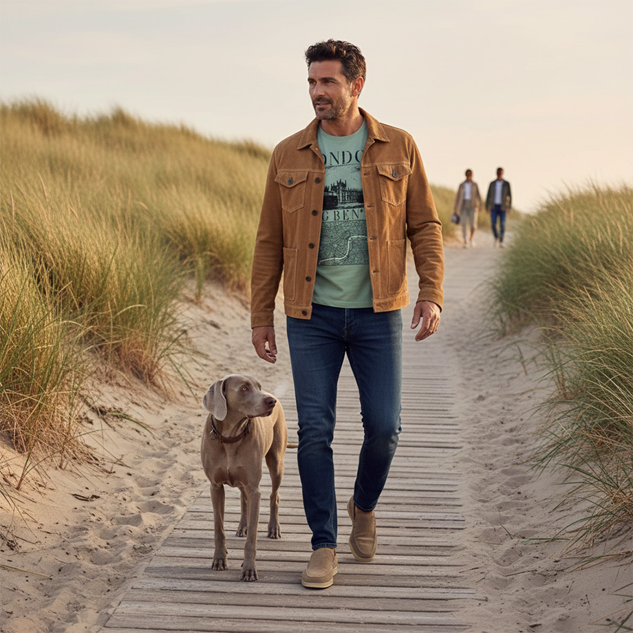 Mann in brauner Cordjacke und blauer Jeans beim Spaziergang am Strand