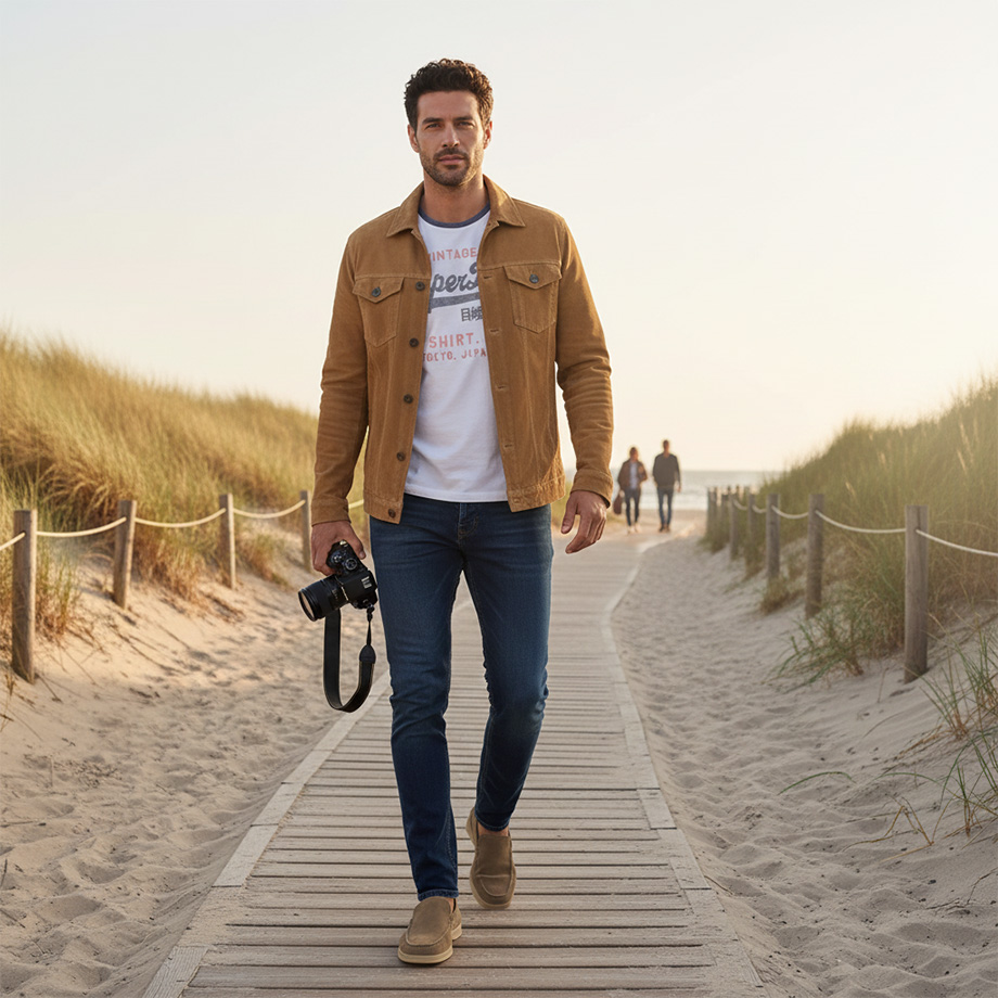 Mann in hellbrauner Jacke und Jeans mit Kamera am Strand spazierend