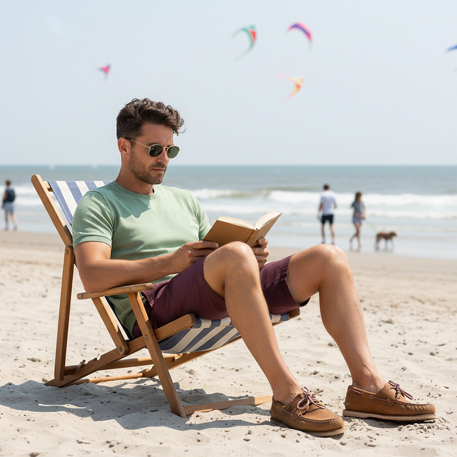 Herr in mintgrünem T-Shirt und weinroten Shorts, sitzend am Strand