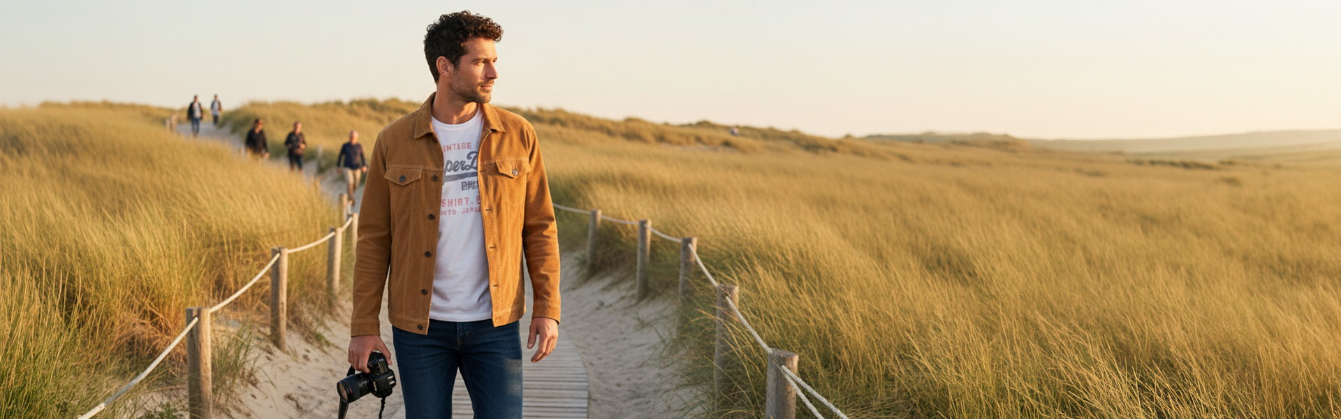 Mann in hellbrauner Jacke und Jeans mit Kamera am Strand spazierend