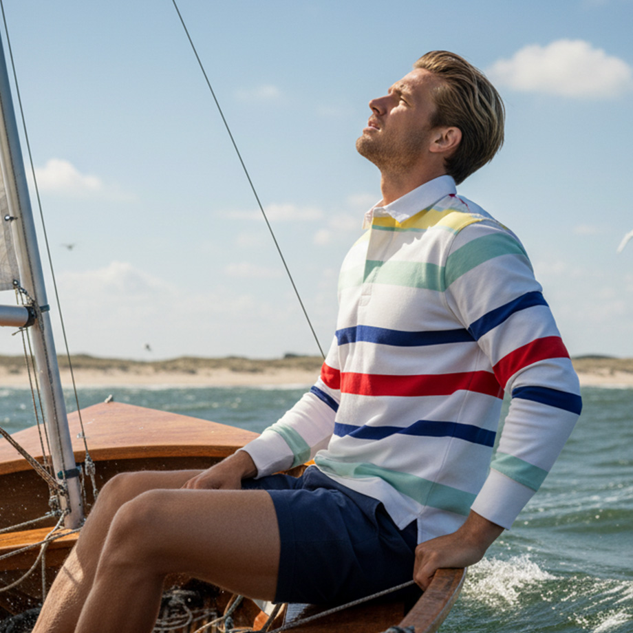 Mann in gestreiftem Poloshirt auf Segelboot, farbenfroh, maritimes Ambiente