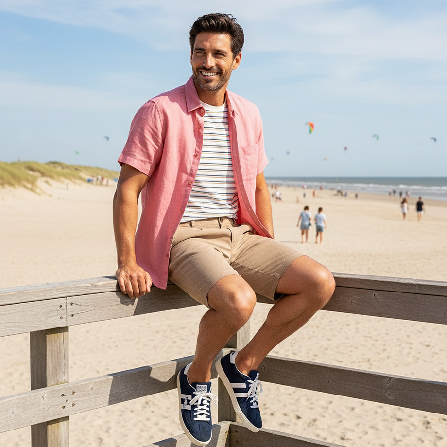 Sommerliches Outfit mit rotem Leinenhemd und beigen Shorts am Strand, lässig getragen
