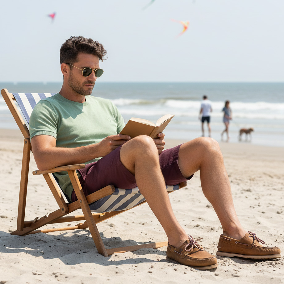 Mann in mintgrünem T-Shirt und bordeauxroter Shorts, entspannt am Strand sitzend