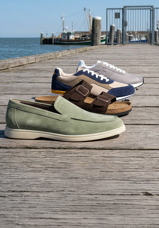 Grüne Wildleder-Slipper, braune Sandalen mit Riemen und beige-blaue Sneaker auf Holzsteg am Meer