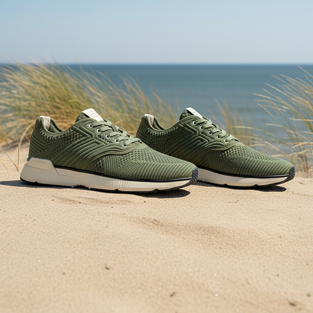 Olivegrüne Herren-Sneaker aus Mesh-Material, seitlich am Strand auf Sand präsentiert