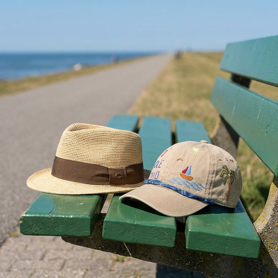 Beige Strohhut mit braunem Band und Baseballcap mit Stickerei auf grüner Bank am Meer