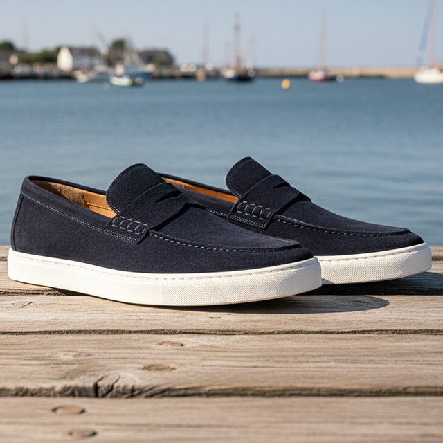 Marineblaue Herren-Loafer aus Wildleder, mit weißer Sohle, am Wasser präsentiert