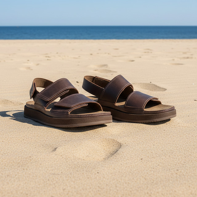 Braune Ledersandalen mit Klettverschluss am Strand auf Sand