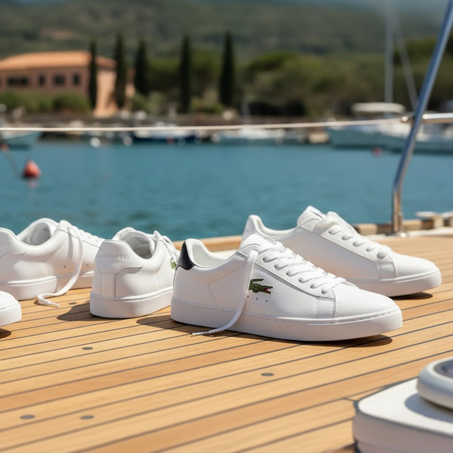 Weiße Leder-Sneaker auf einem Bootsdeck, maritimer Hintergrund