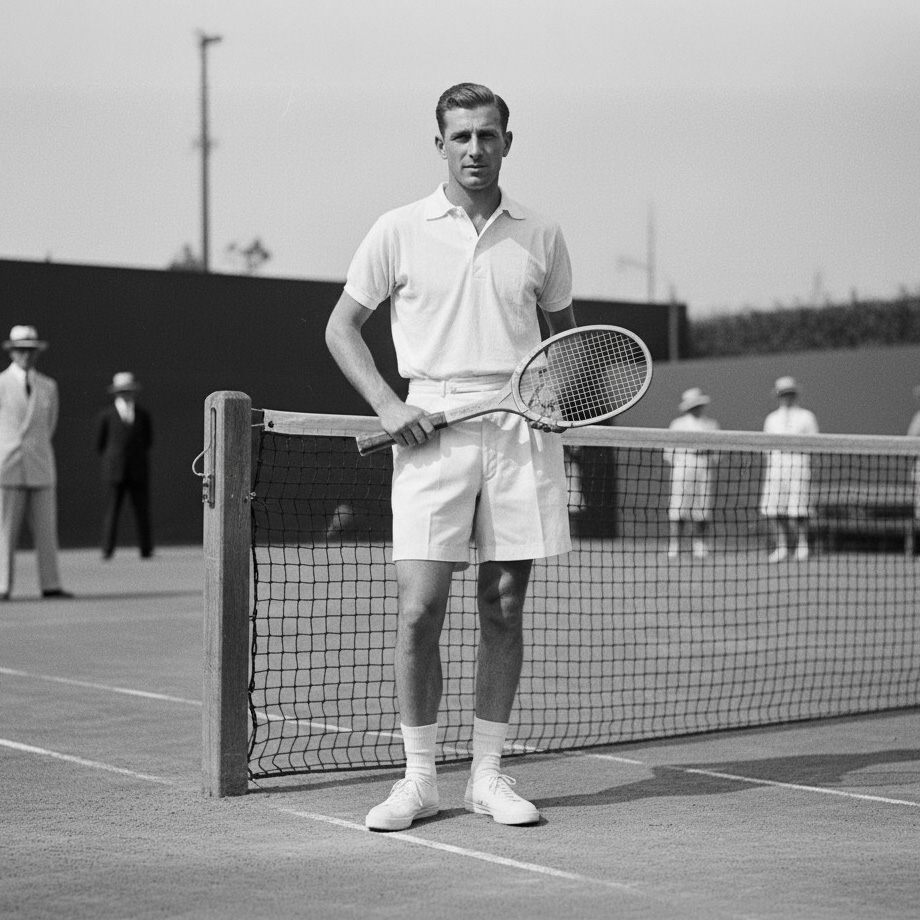 Mann in weißem Tennis-Outfit und Tennisschläger auf Tennisplatz