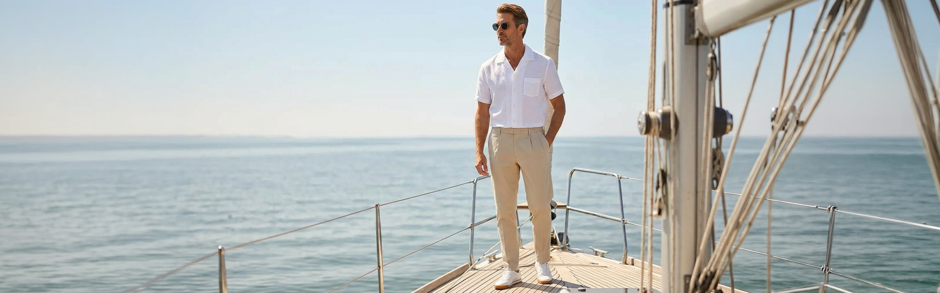 Weißes Kurzarm-Hemd und beige Chinos aus Baumwolle, casual auf Yacht getragen