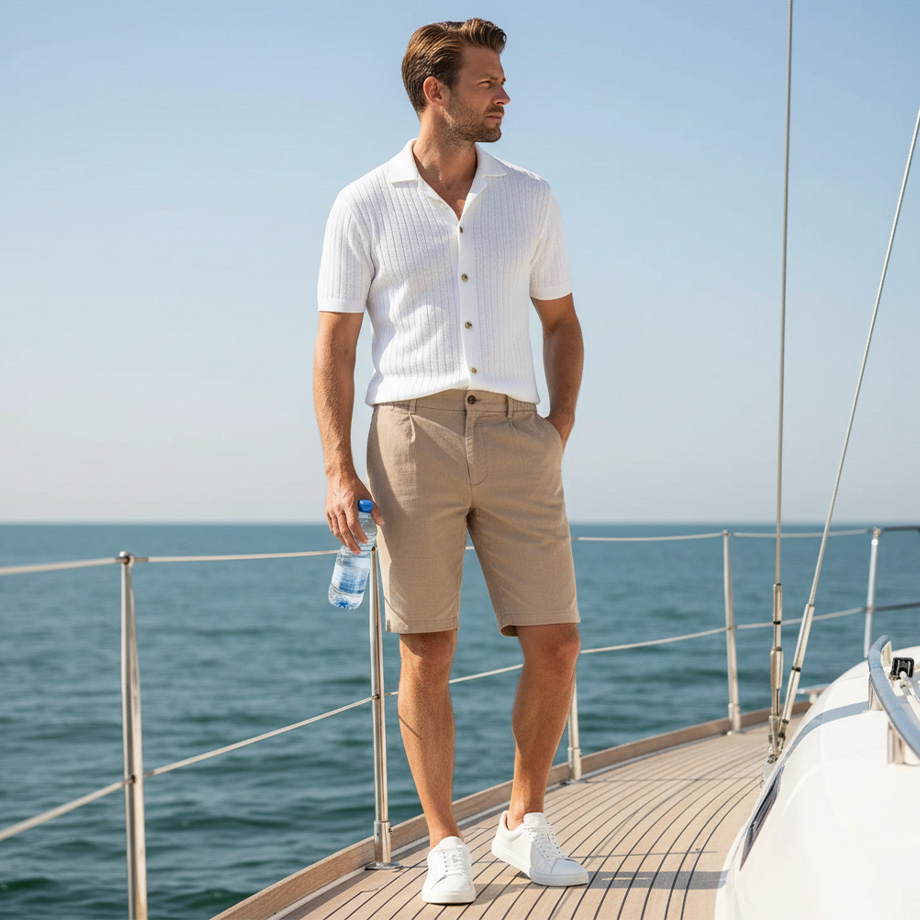 Weißes Kurzarm-Hemd und beige Shorts, lässig auf einer Yacht getragen