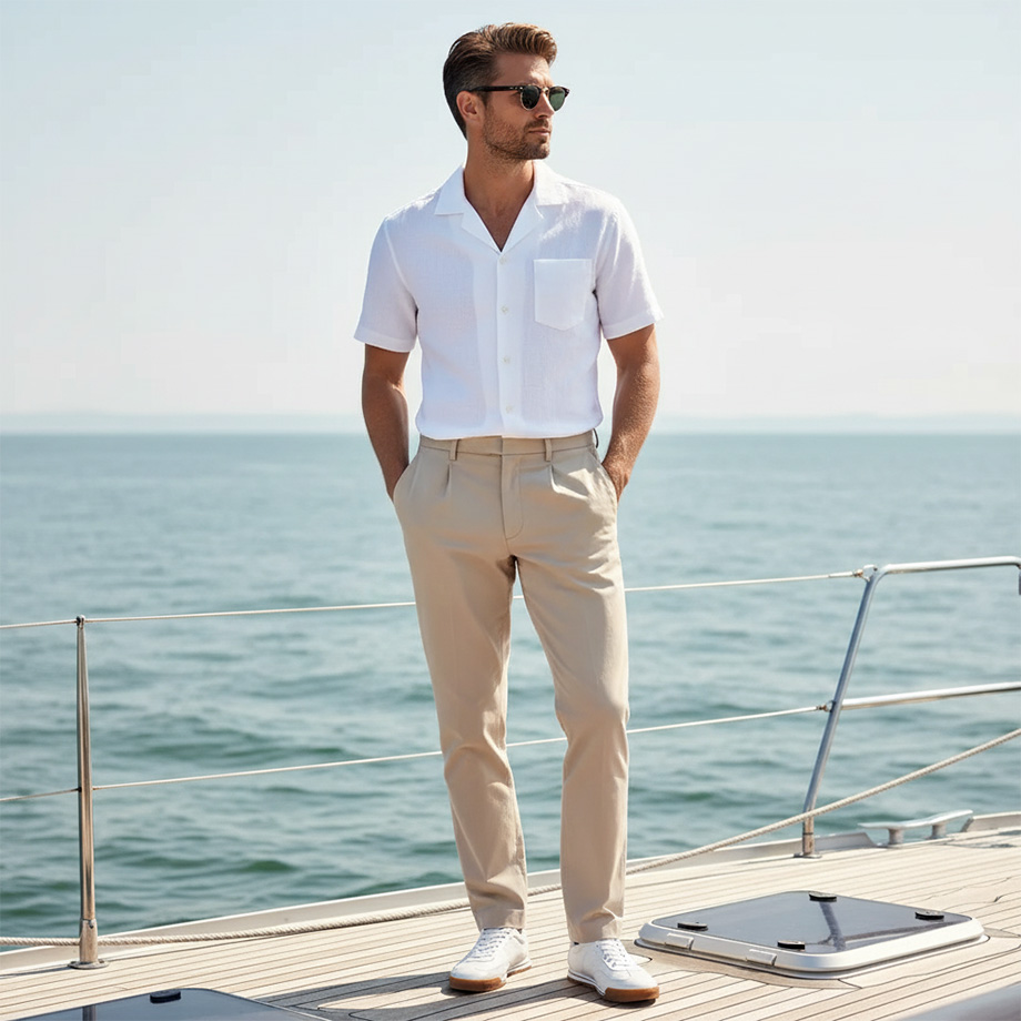 Weißes Kurzarm-Hemd und beige Chinos aus Baumwolle, casual auf Yacht getragen