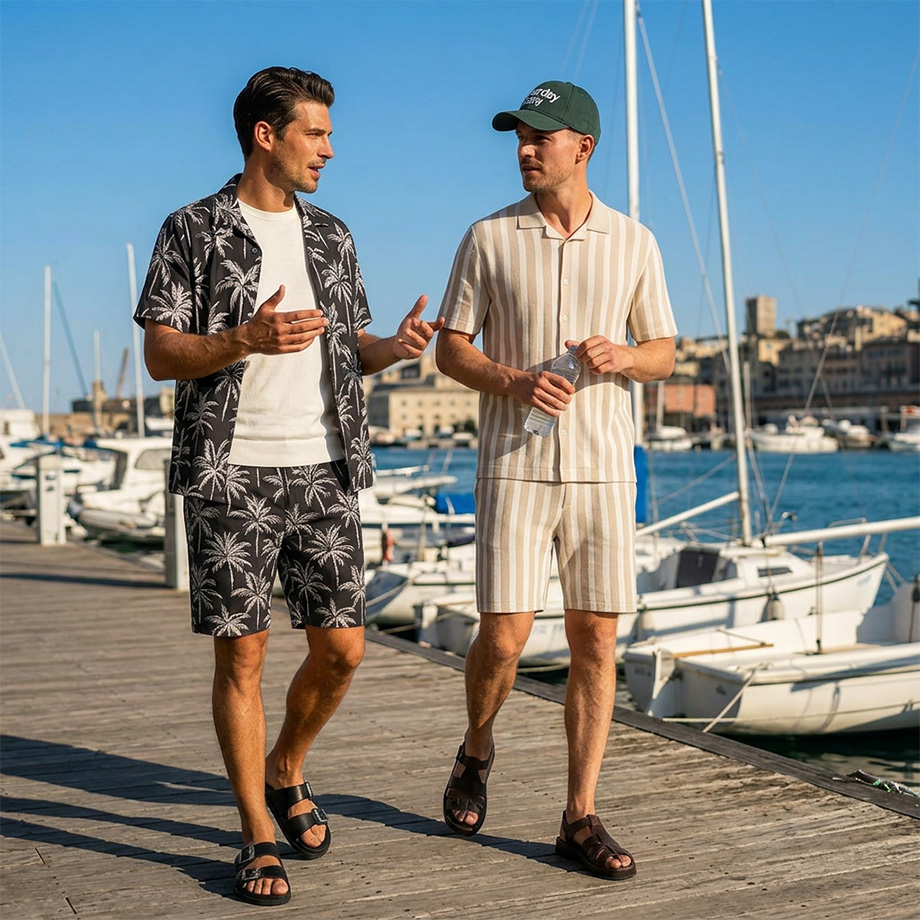 Zwei Männer in sommerlichen Mustershorts und Kurzarmhemden am Hafen, lässig bei Tageslicht