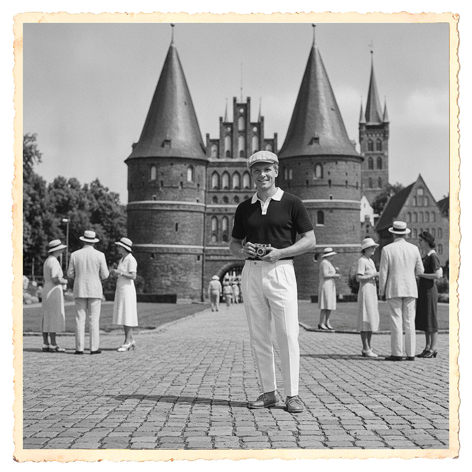 Schwarz-weiß Bild eines Mannes in hellem Poloshirt und Hose, vor historischem Gebäude stehend