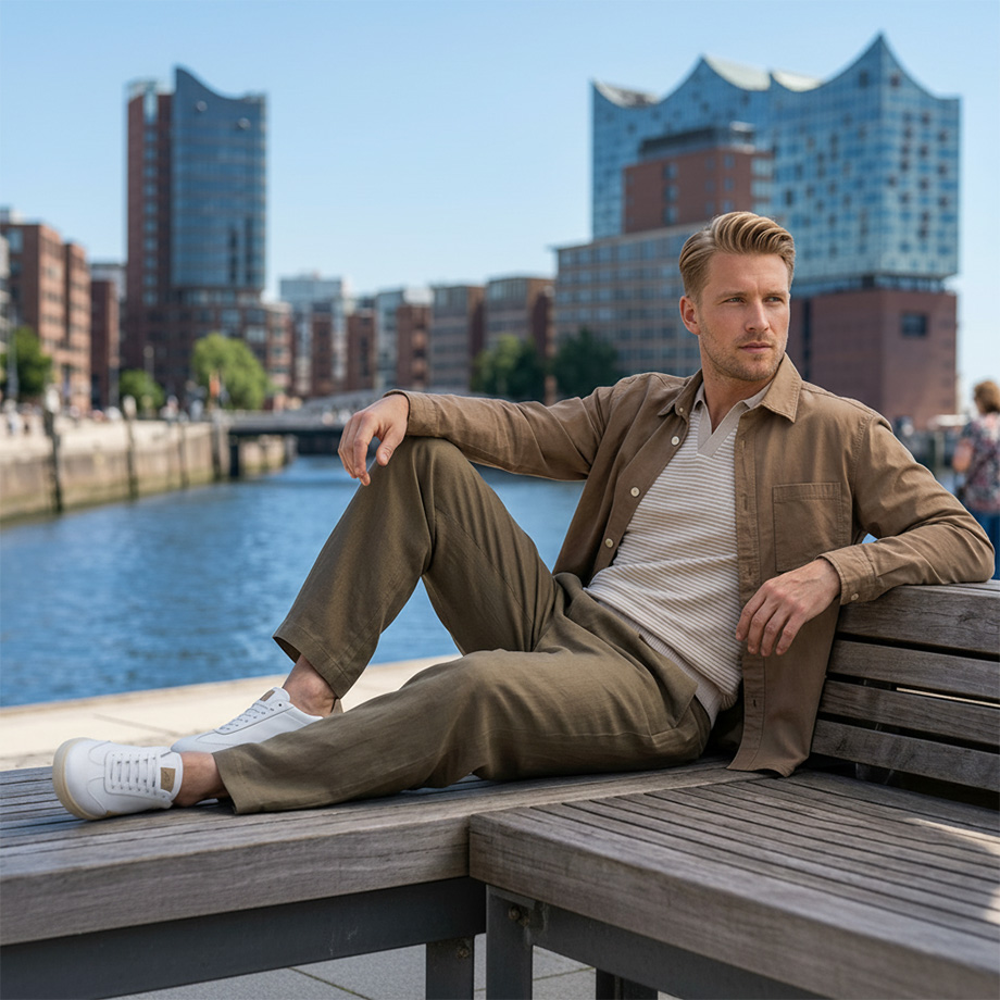 Mann in beigefarbener Leinenhose und Hemd, gestreiftes T-Shirt, entspannt auf Parkbank