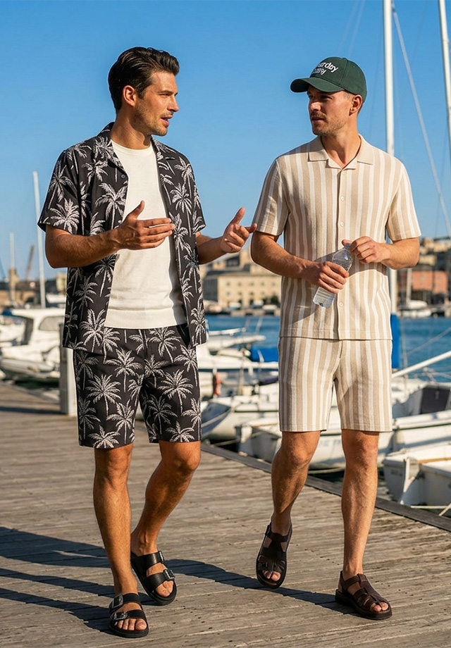Zwei Männer in sommerlichen Mustershorts und Kurzarmhemden am Hafen, lässig bei Tageslicht