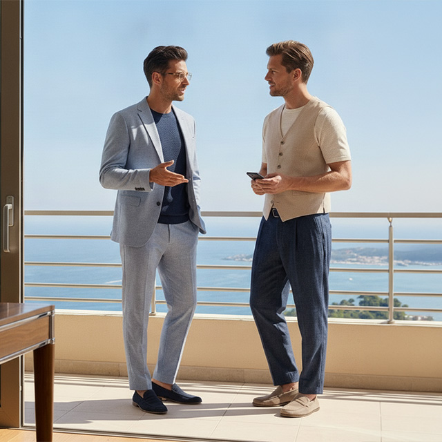 Hellblauer Sommeranzug aus Leinen und beiges Weste-Shirt-Set auf Balkon, legeres Businessgespräch
