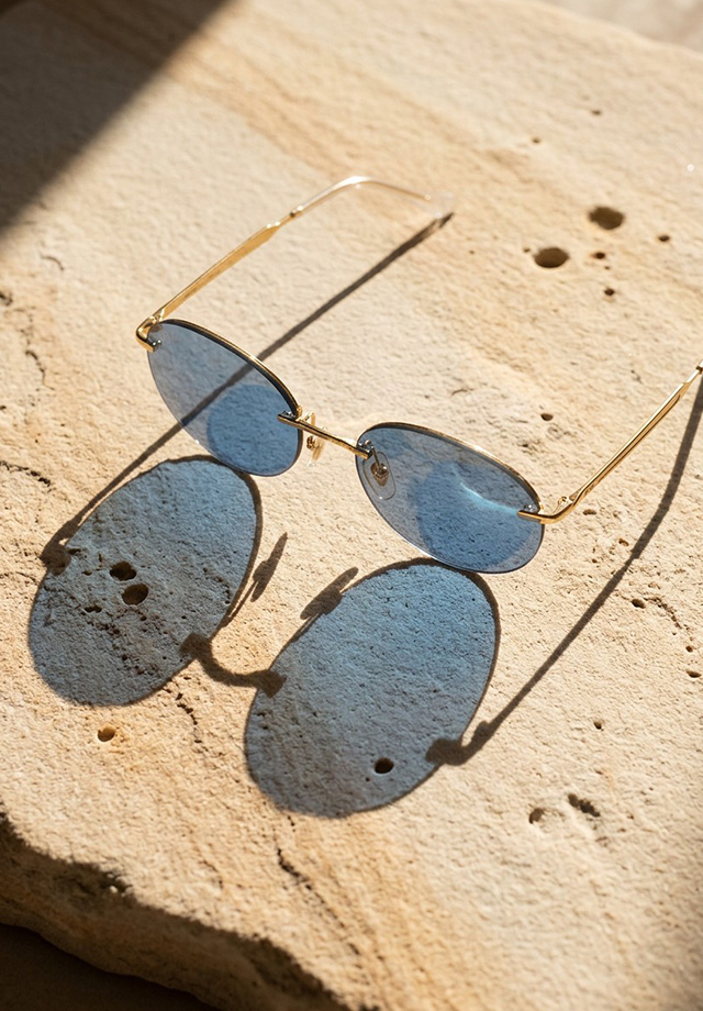 Blaue oval geformte Sonnenbrille mit goldenen Bügeln auf Sandstein