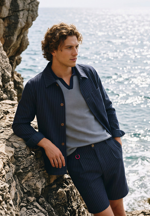 Mann in marineblauer Nadelstreifenjacke und Shorts, leichter Pullover, am Strand