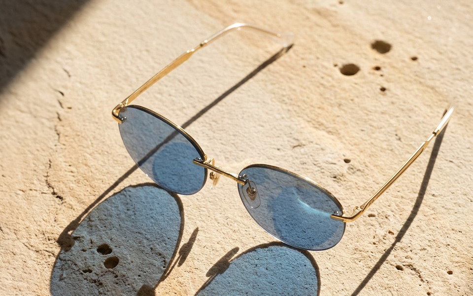 Blaue oval geformte Sonnenbrille mit goldenen Bügeln auf Sandstein