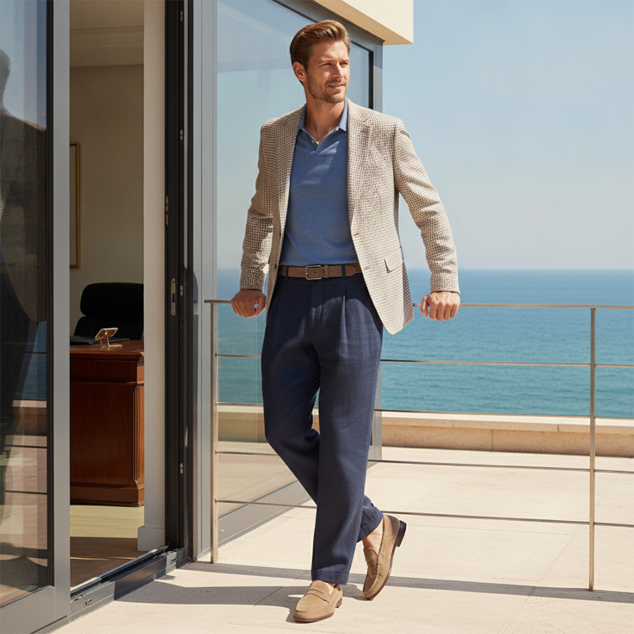 Mann im grauen Blazer mit blauem Poloshirt und dunkelblauer Hose auf Terrasse