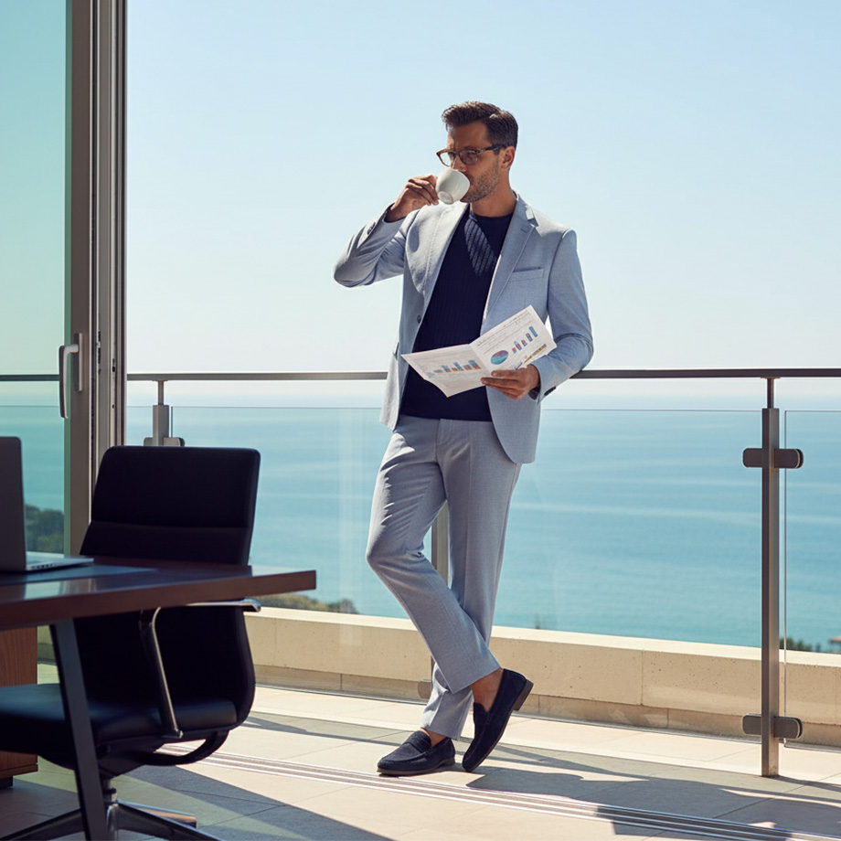 Eleganter Mann in hellblauem Anzug, schwarzer Pullover, auf Balkon mit Meerblick, entspannt kaffeetrinkend.