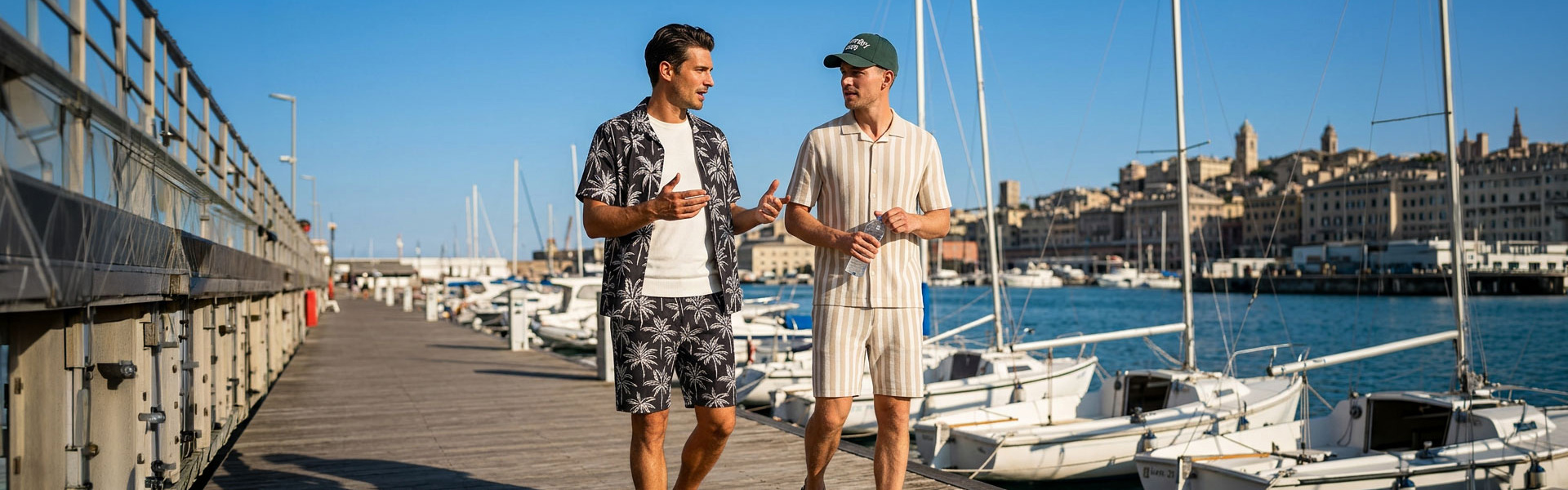 Zwei Männer in Sommerhemden und Shorts spazieren am Hafen entlang, einer in Schwarz-Weiß mit Palmenmuster, der andere in Beige gestreift.