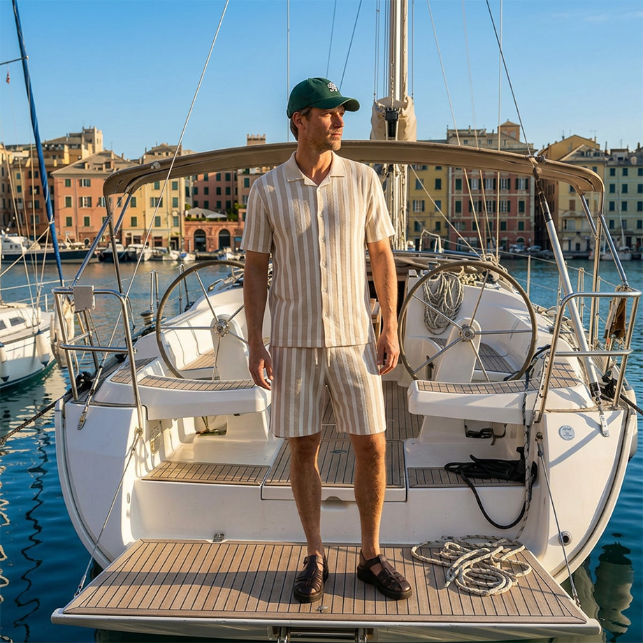 Mann in beige-weiß gestreiftem Kurzarmhemd und Shorts aus Leinen auf Segelboot