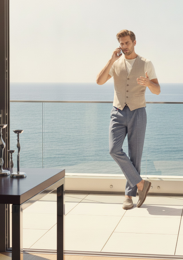 Hellbeige Weste über weißem T-Shirt, blaue Chinos, Mann auf Balkon blickt aufs Meer