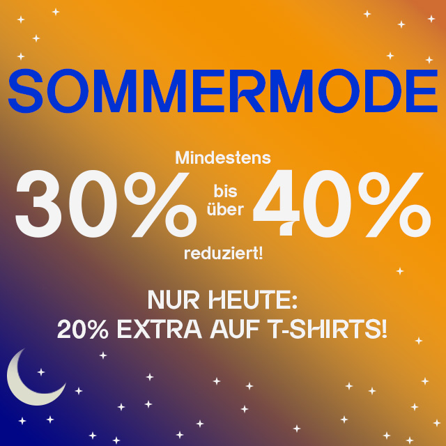 Werbeaktion für Herren-Sommermode mit bis zu 40 % Rabatt, extra 20 % auf T-Shirts, orange Hintergrund mit Sternenmotiv