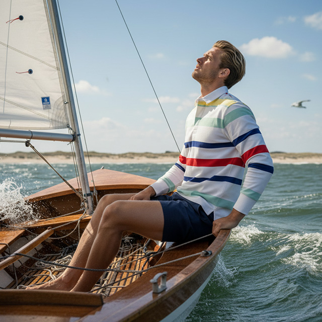 Mann in gestreiftem Langarmshirt auf Segelboot