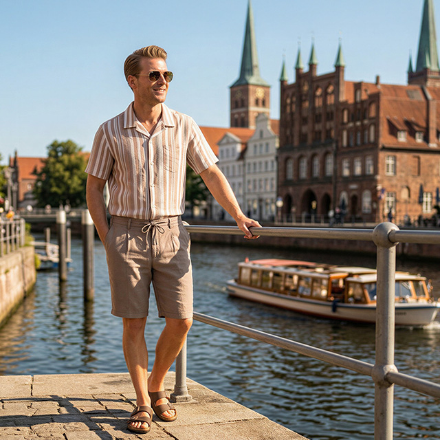 Herr in hellbraunem Freizeithemd mit Streifen, Shorts, am Wasser flanierend